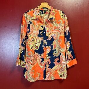 Lauren Ralph Lauren Paisley Button Front Blouse Orange Navy 1X Retro Bold Print